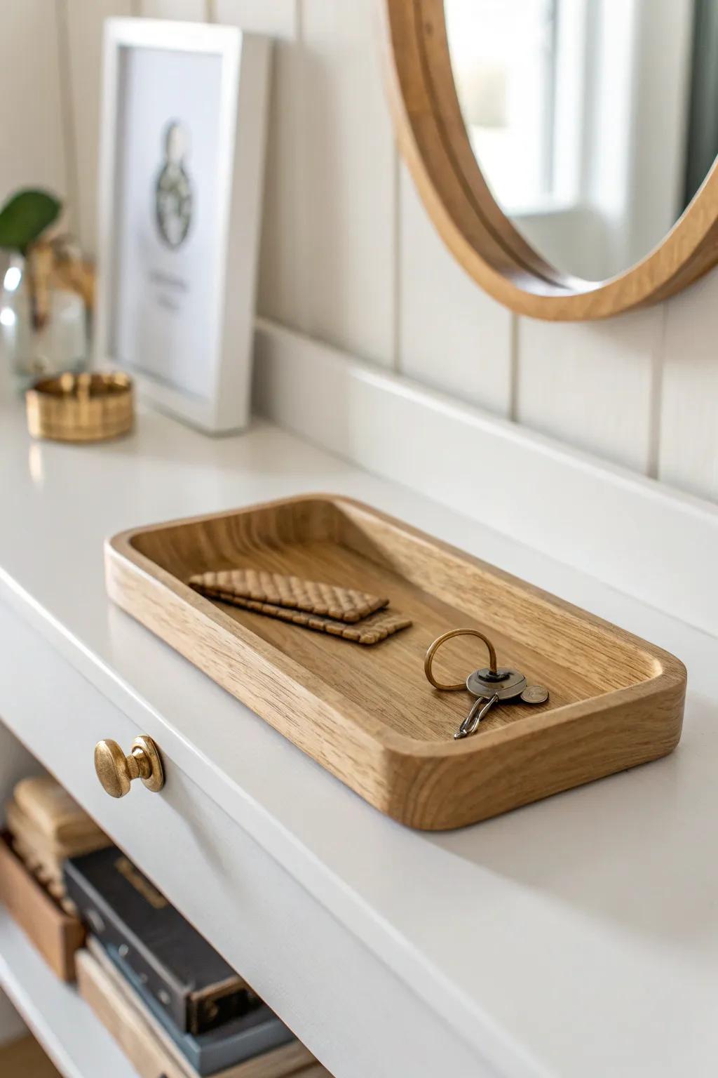 A slim oak tray turns the tiniest entry into a calm, clutter-free drop zone in seconds.