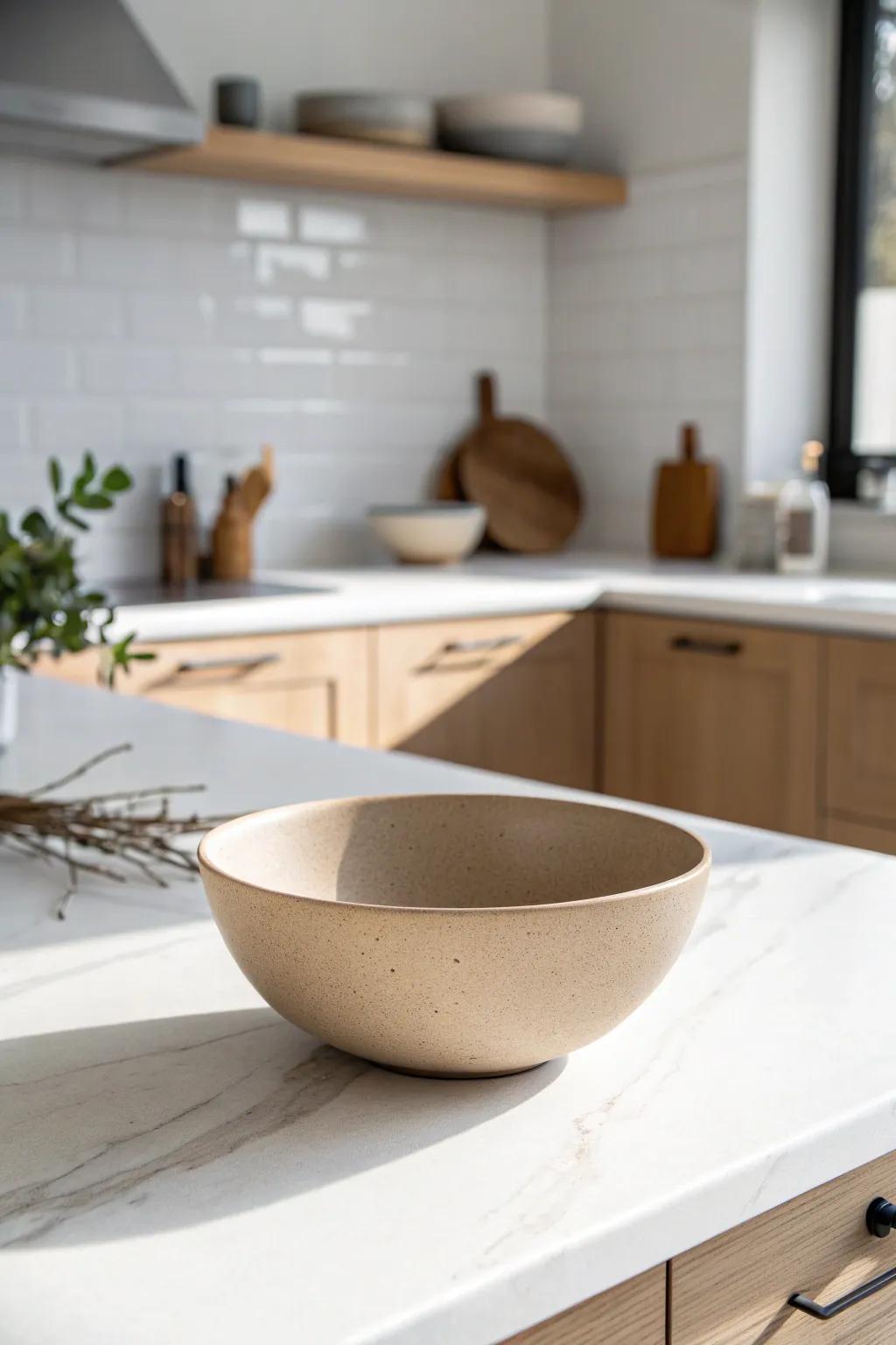 One simple decor moment: a handcrafted neutral bowl for warmth and personality without clutter.