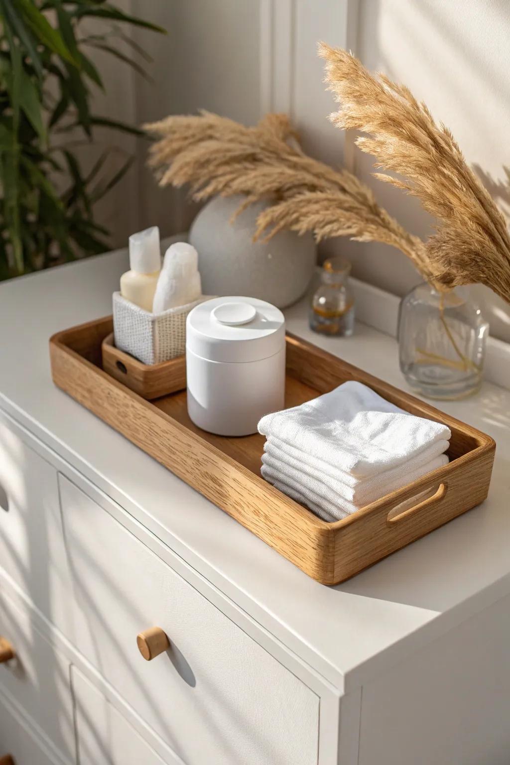 A simple tray diaper station—diapers, wipes, and cream—keeps a minimalist nursery calm.