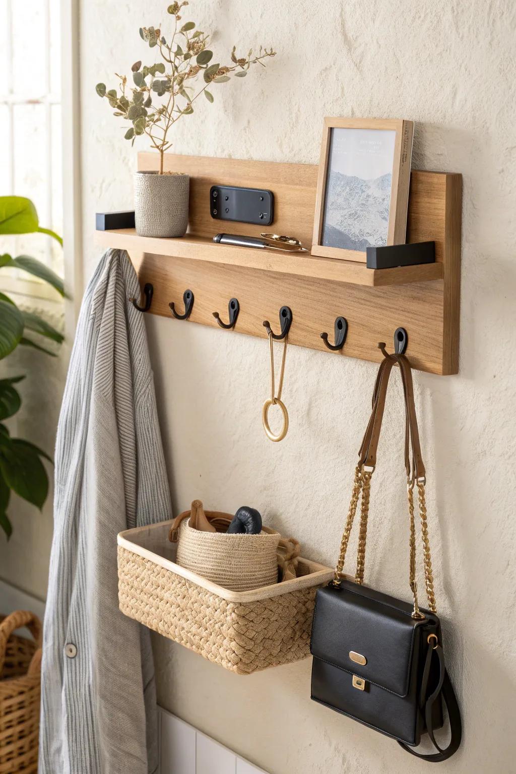 A real entry drop zone: slim wall organizer with hooks, tray, and basket—styled, not messy.