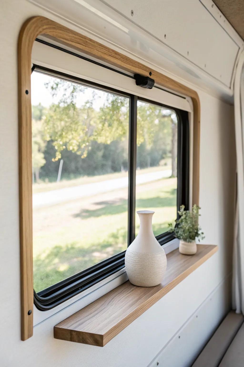 Faux built-in window trim: slim side ledges + a tiny shelf for storage without floor space.