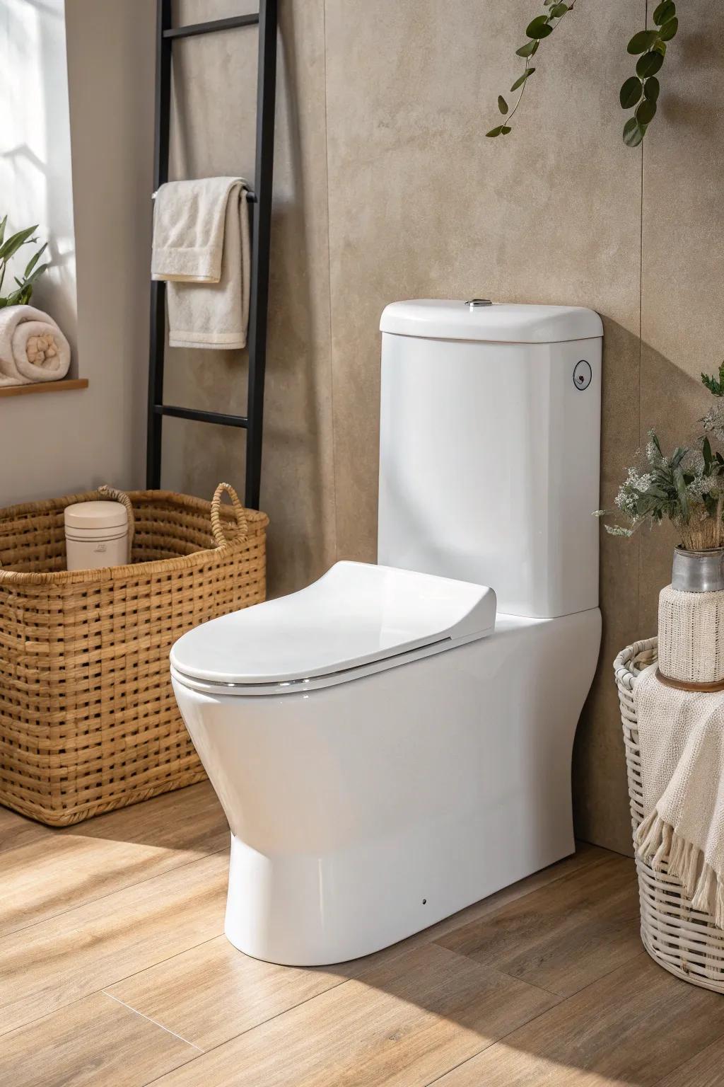 A compact toilet with clean lines makes a mobile home master bath feel instantly open.