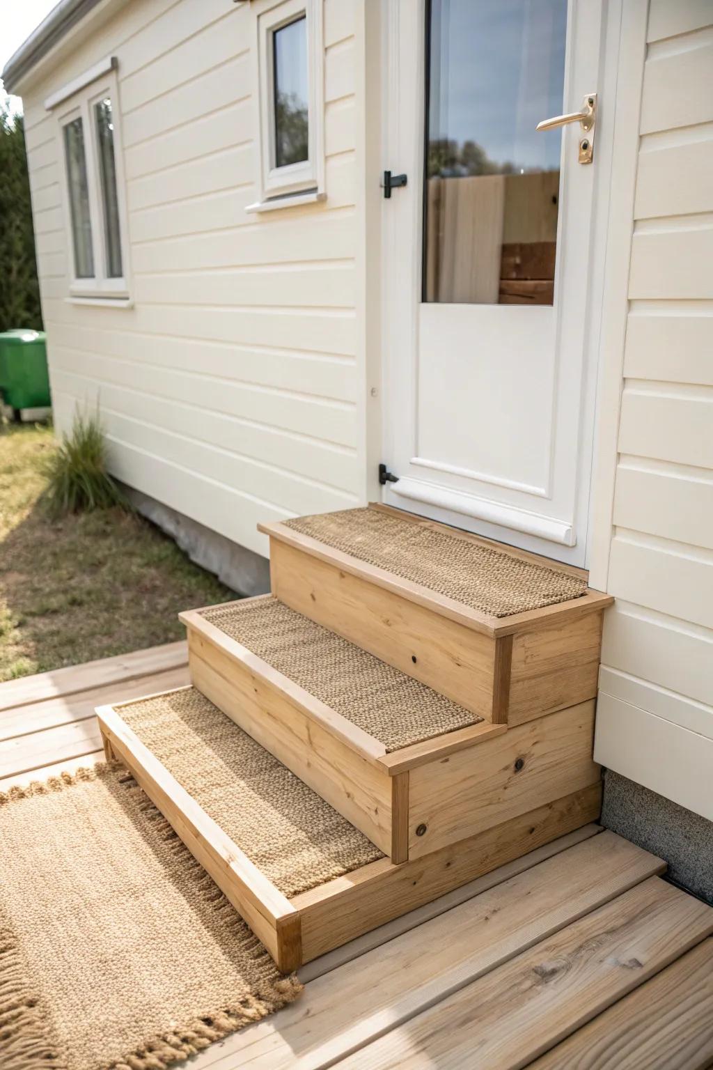 A tiny porch landing with crafted steps makes a mobile home entry feel intentional and welcoming.
