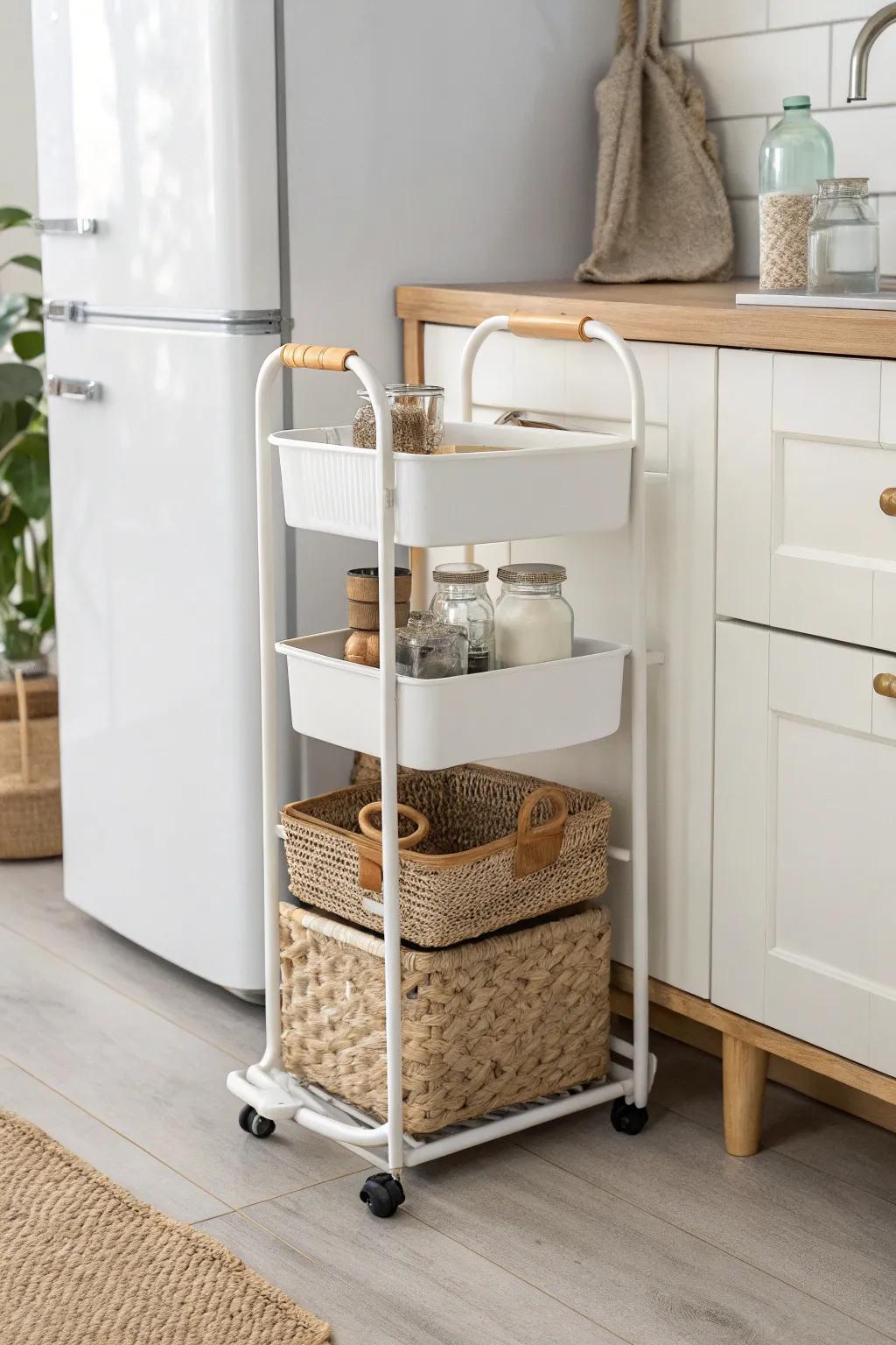 Slim rolling cart turns that tiny fridge gap into a chic pull-out mini pantry.