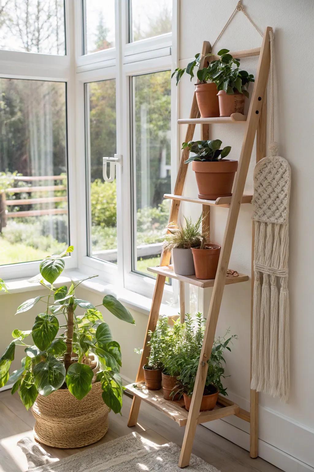 Vertical plant shelving makes a tiny sunroom feel like a bright, calming nursery—without losing floor space.