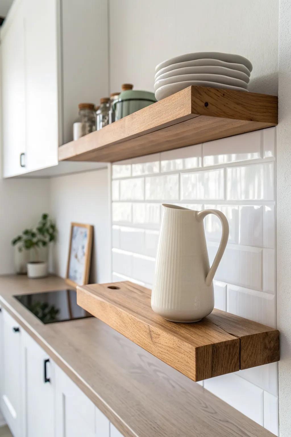 A single oak open shelf + one handmade ceramic—modern, airy storage without the clutter.