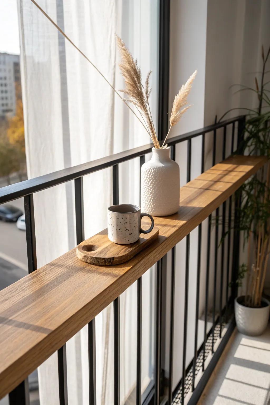 A slim balcony bar ledge adds instant space for coffee, drinks, or a snack board—no floor needed.