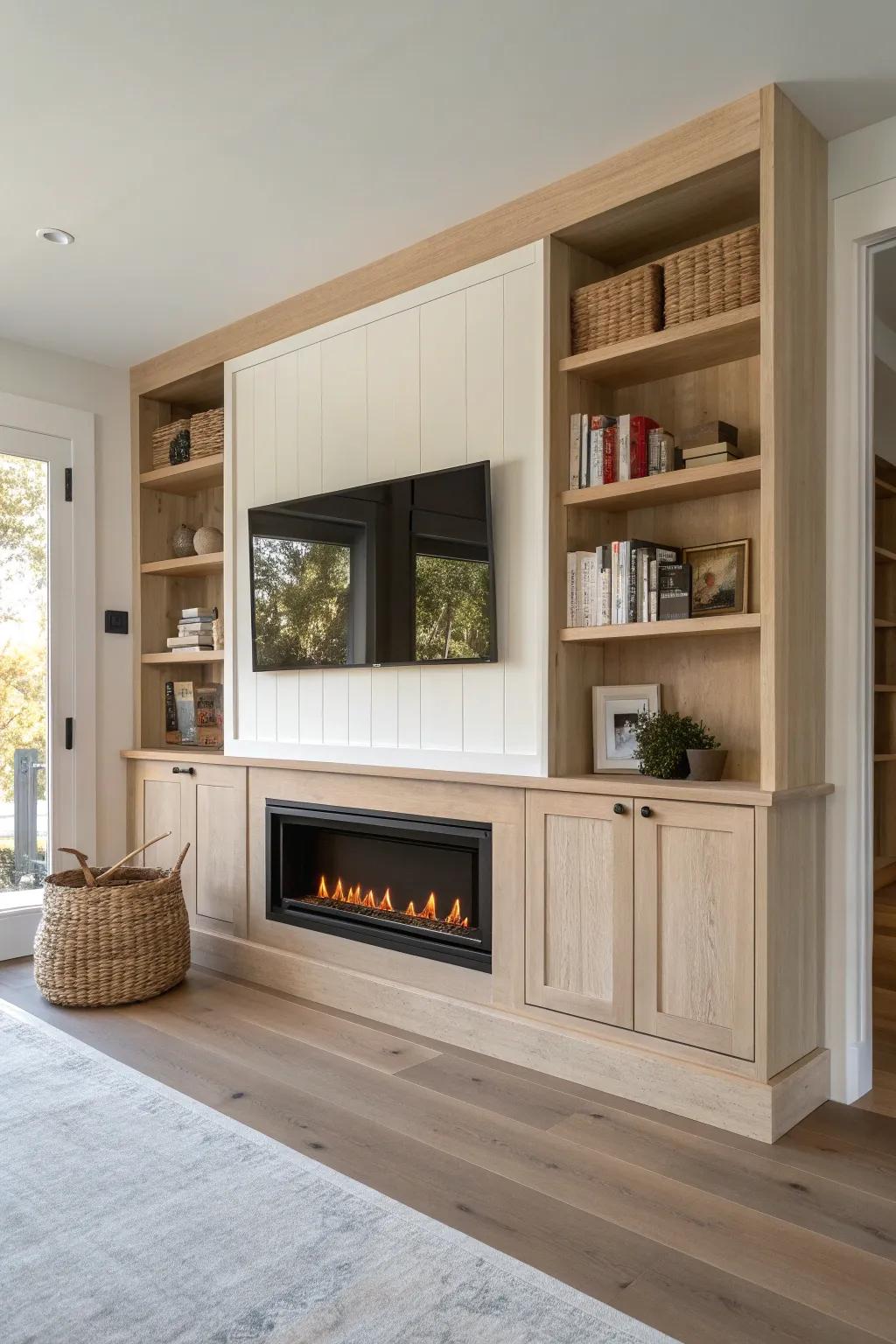 A slim built-in storage wall frames a linear electric fireplace for cozy, clutter-free living.