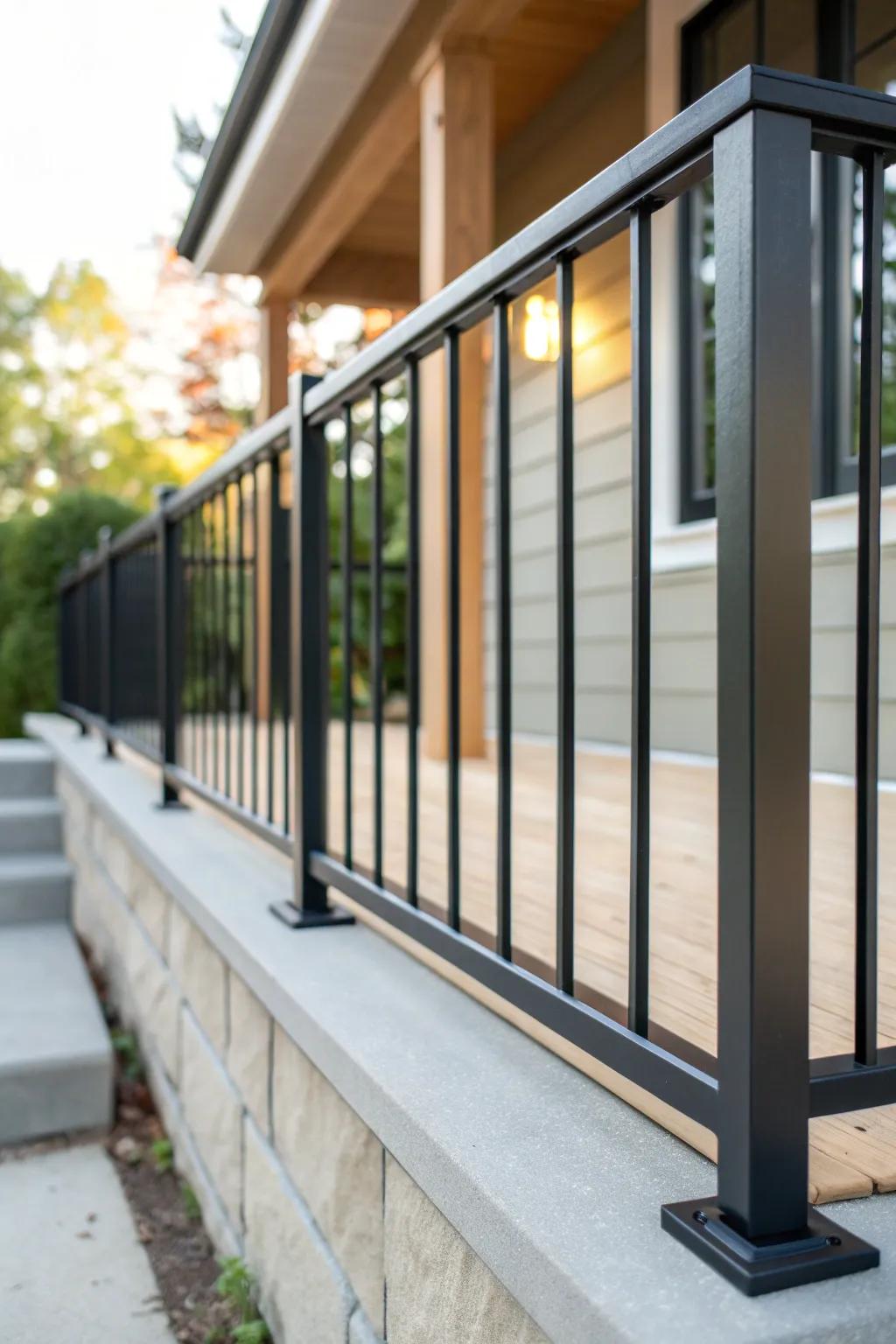 A slim, straight railing instantly makes a small front porch look modern and high-end.