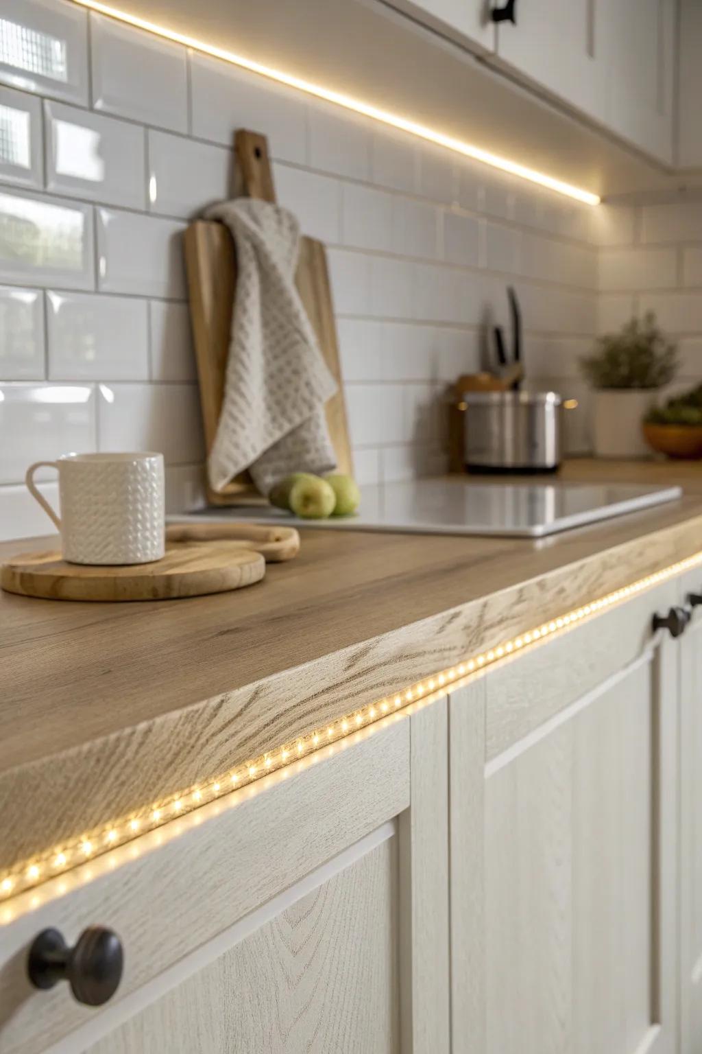 A warm under-cabinet LED strip that adds cozy task lighting to a small modular kitchen.