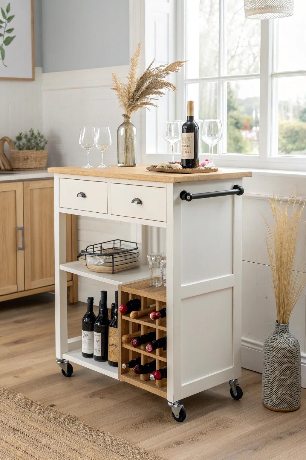 A movable mini-bar island with wine rack and glass storage—big hosting vibes, tiny footprint.