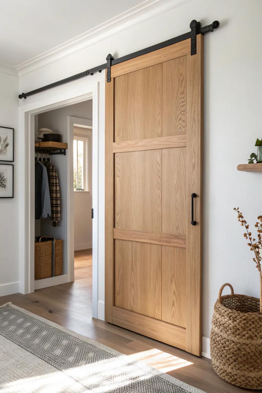 A space-saving sliding closet door keeps narrow mudrooms calm, clean, and clutter-free.