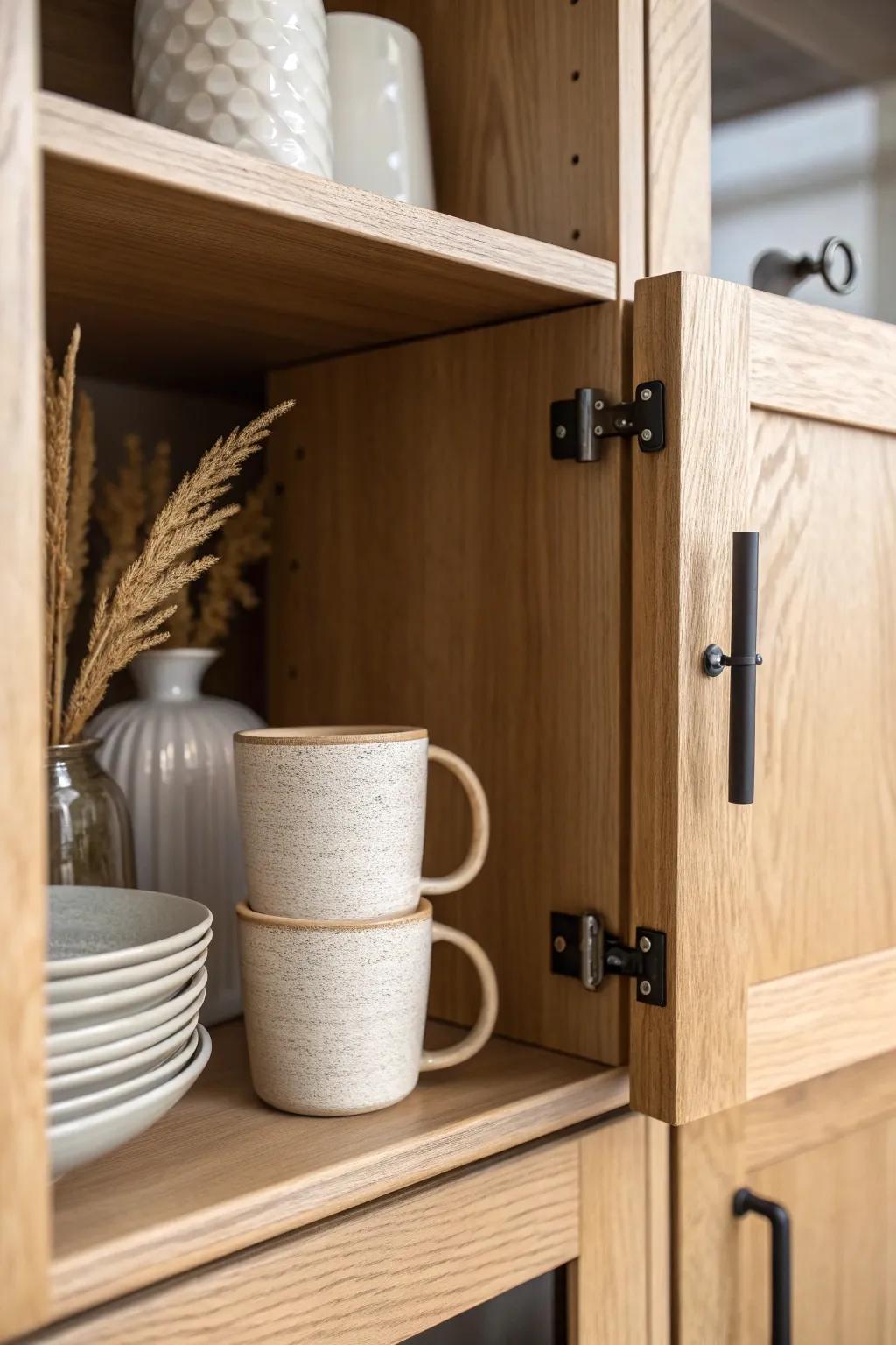 Hidden mug storage: sleek inside-cabinet door hooks keep extras close but beautifully out of sight.