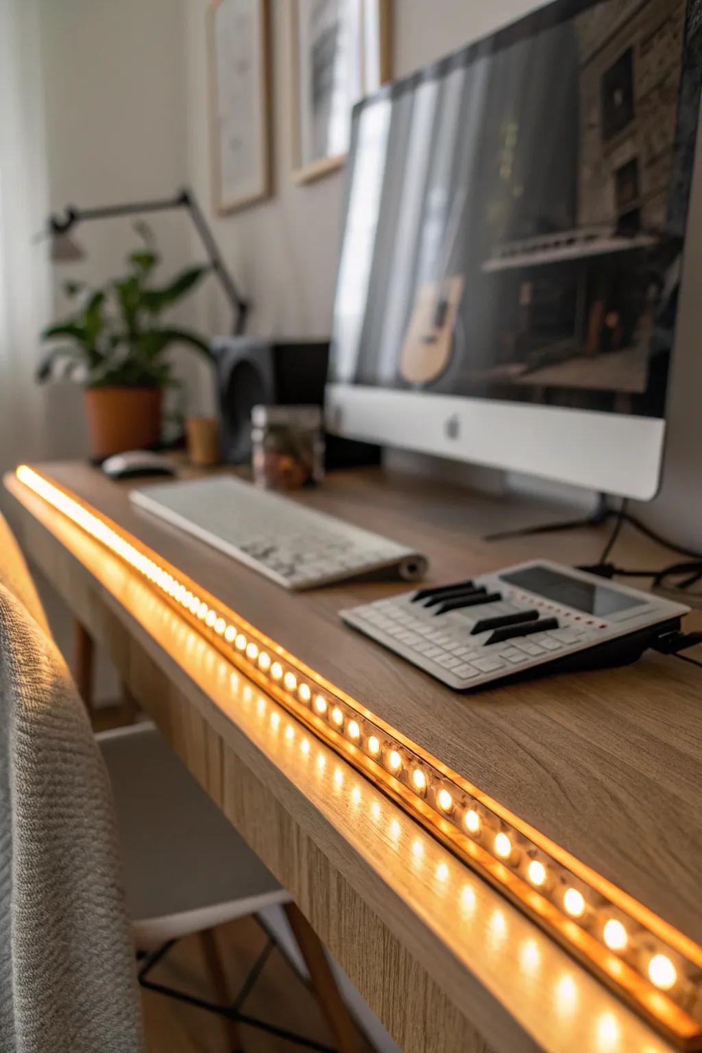 Soft backlighting turns a tiny music desk into a focused creative zone—no harsh glare.