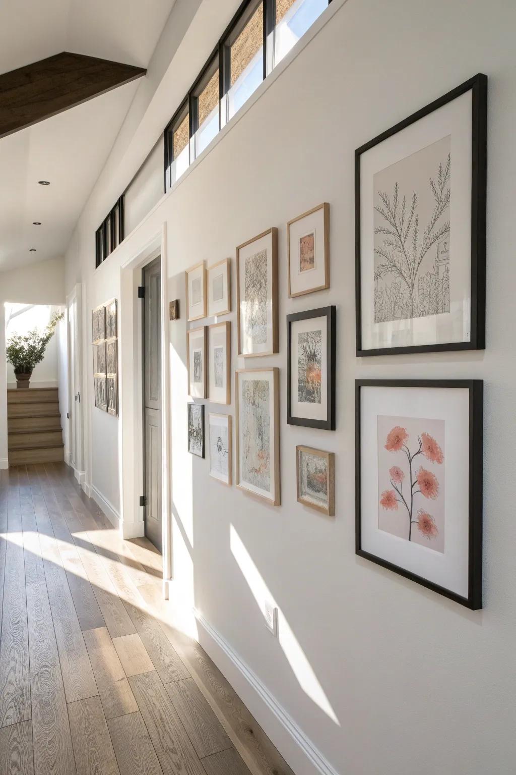 Curated gallery wall in a narrow entryway—mix frame sizes to guide you home in style.