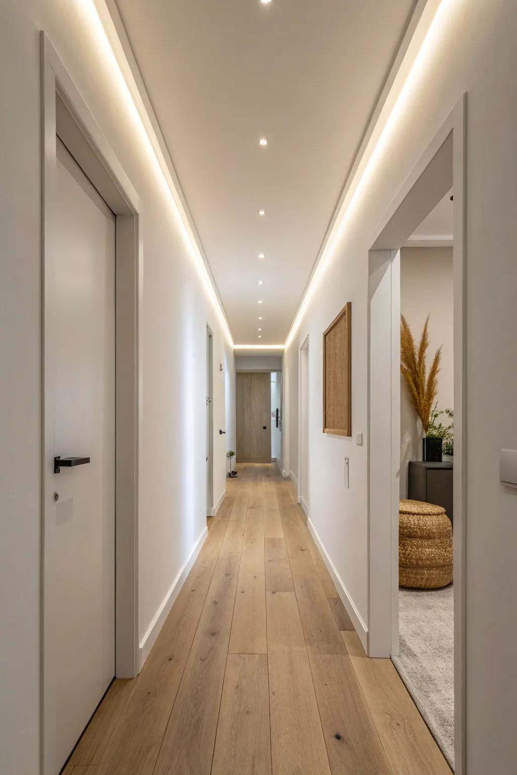 A floating ceiling-edge LED cove glow that makes a narrow hallway feel taller and softer.