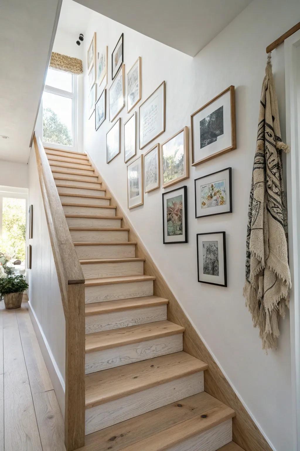 Turn narrow stairs into a moment—let a calm, handcrafted gallery draw the eye upward.