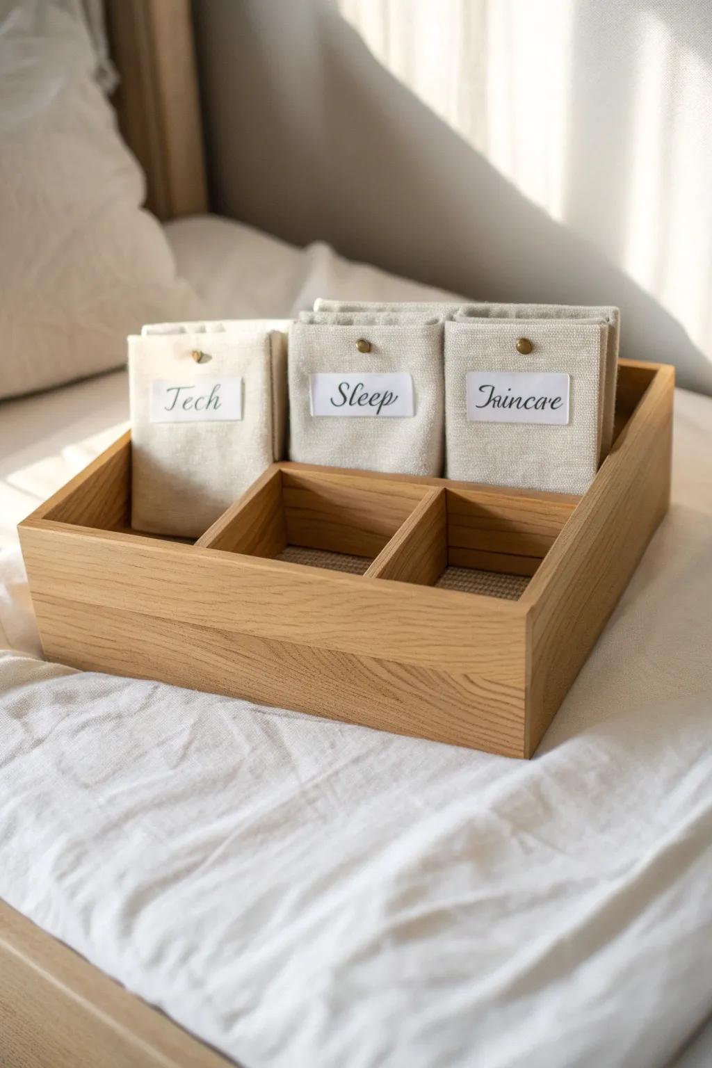 Labelled “tech, sleep, skincare” sections make nightstand resets a 10‑second habit.