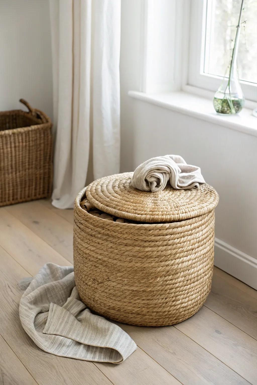 A lidded woven basket keeps socks and scarves out of sight—pretty storage for no-closet bedrooms.