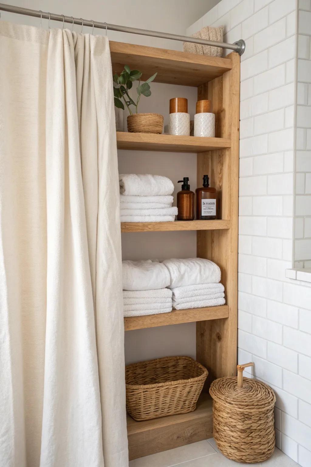 A linen curtain turns a shallow nook into a calm, hidden towel closet—ideal for small spaces.