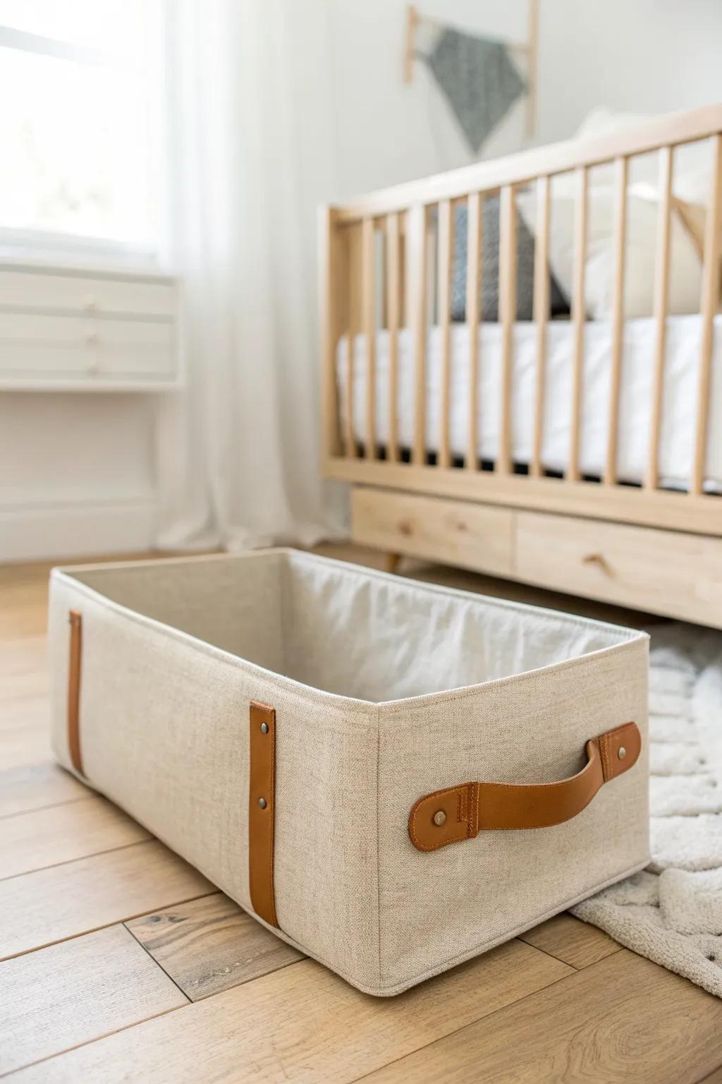 A slim under-crib linen box hides printer paper, notebooks, and cables in a nursery office combo.
