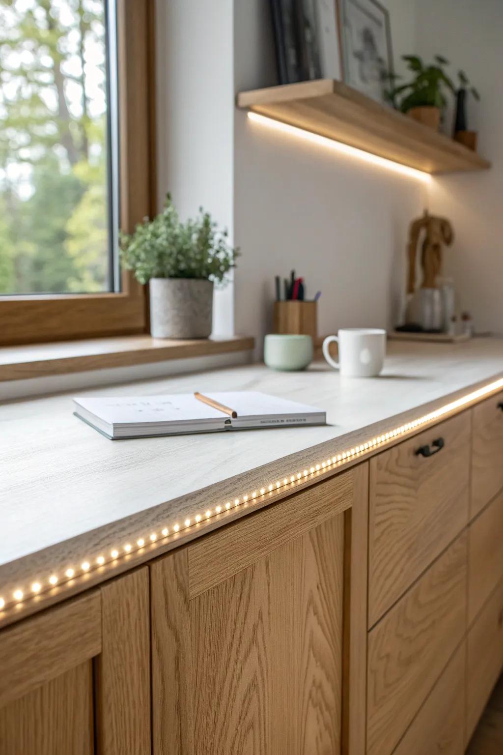 A warm under-cabinet LED strip adds cozy glow and clear task light to your office cabinet.