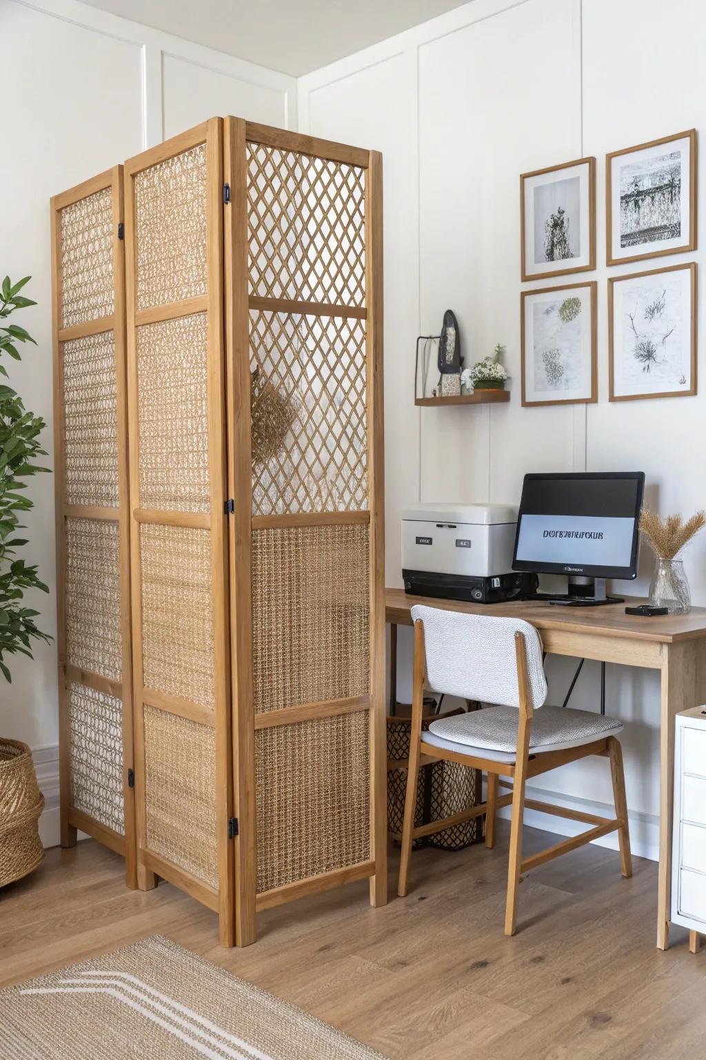 A breezy cane lattice screen that hides cords and gear while adding warm, airy texture.