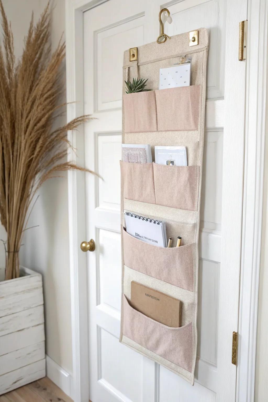 Turn the back of a door into a chic filing station—slim pockets keep papers sorted beautifully.