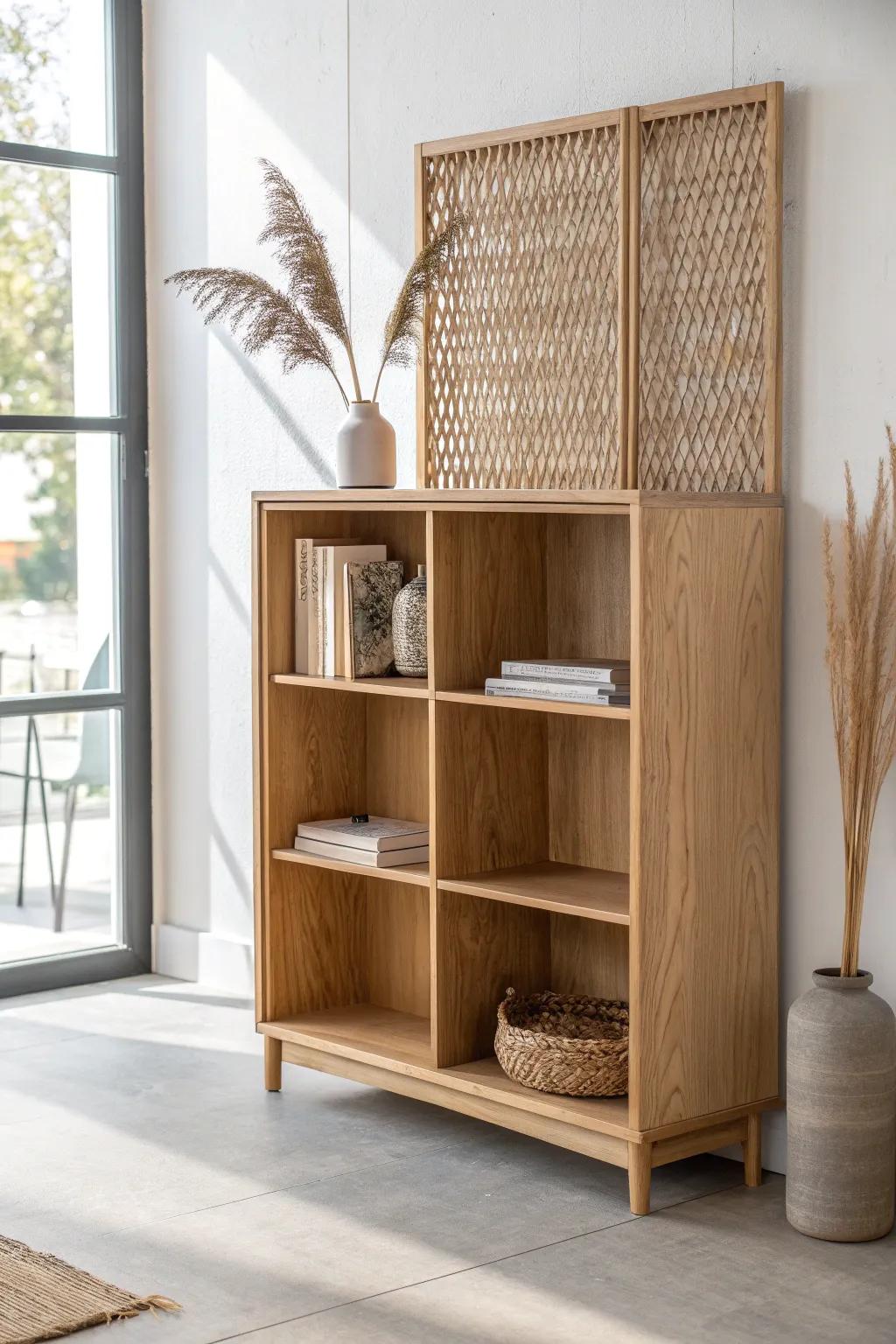 Low bookcase divider + soft screen for an airy open-plan office pod in small spaces.