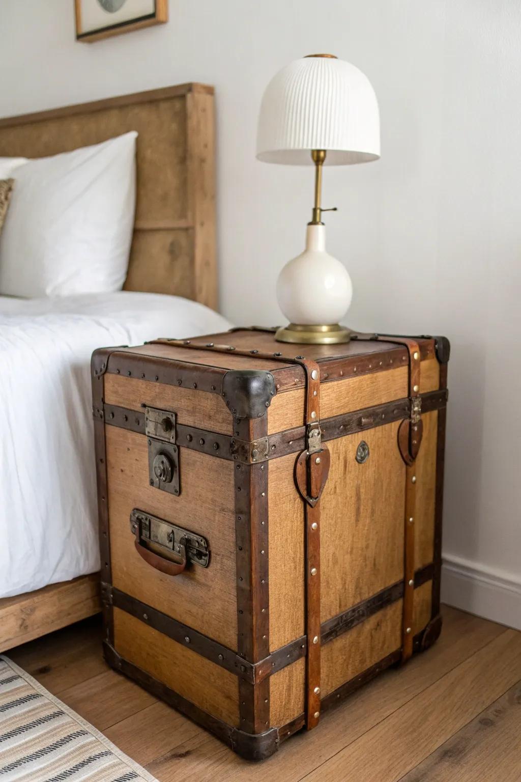 Turn a vintage trunk into a chic nightstand—hidden storage and instant cozy charm.