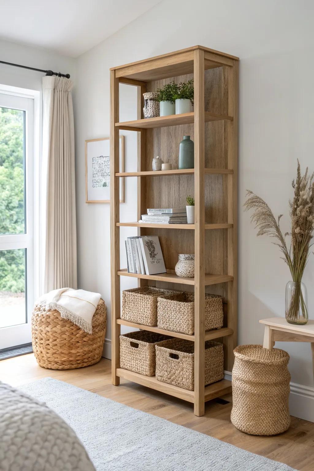 An open shelf divider adds light, storage, and a stylish zone break in a one-bedroom.