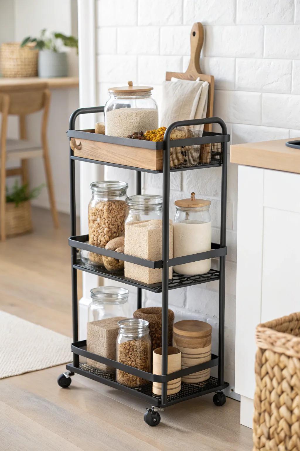 Small-space pantry win: a chic rolling cart that rolls from prep zone to tucked-away storage.