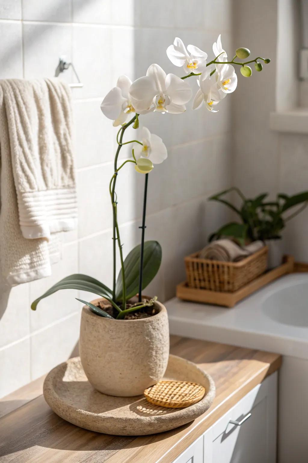 Tiny bathroom, big spa energy: a neutral-potted orchid on an open shelf near bright light.