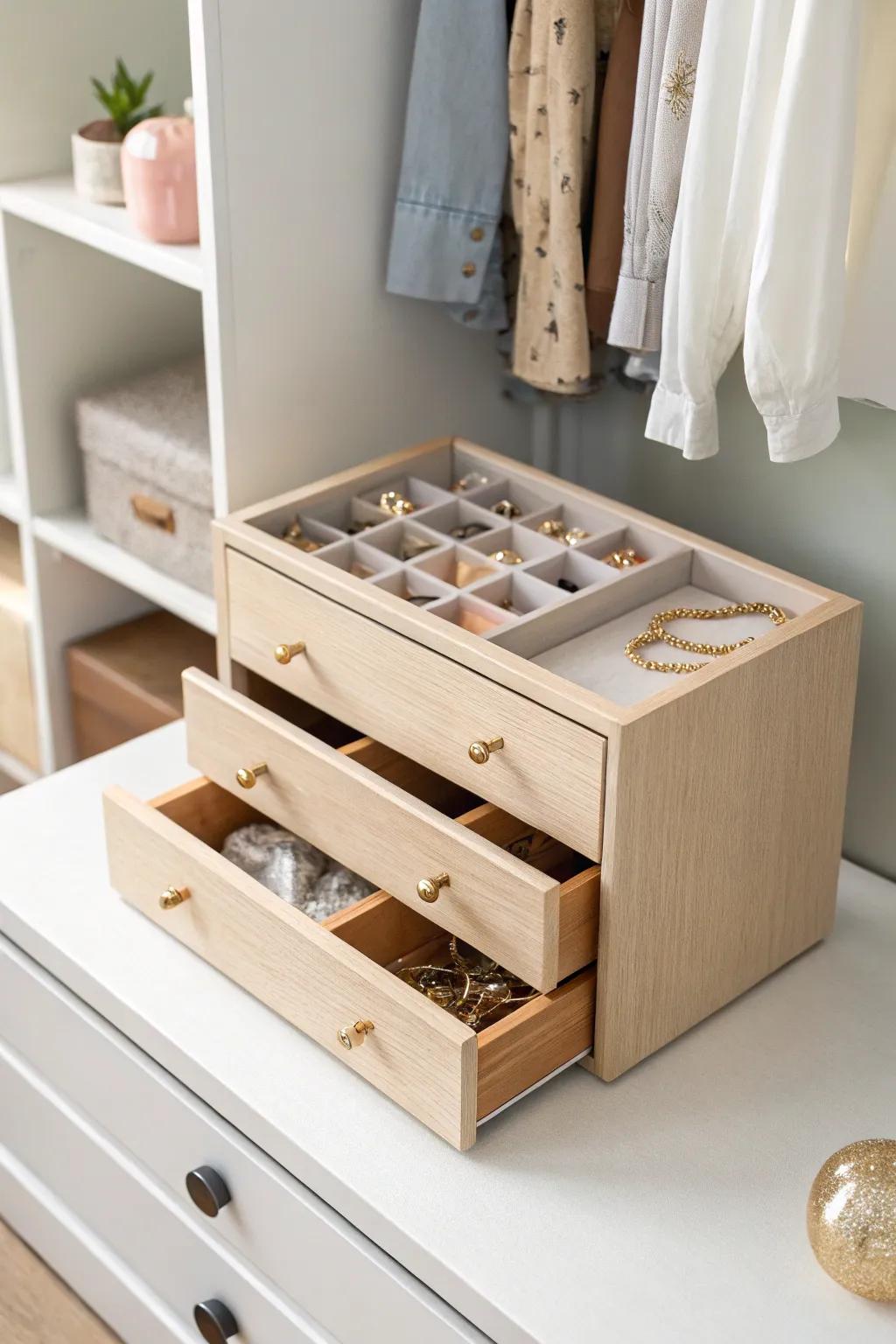 Drawer-style ornament box keeps delicate baubles sorted—slide, don’t stack, in small closets.