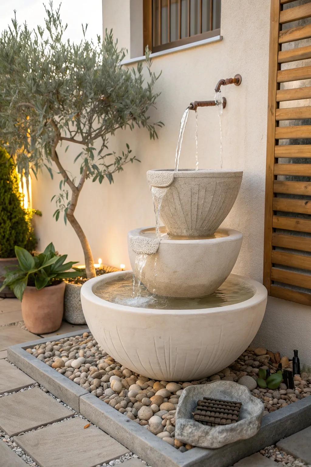 Vertical stacked-bowl corner fountain—tiny footprint, soothing flow, and a taller feel.