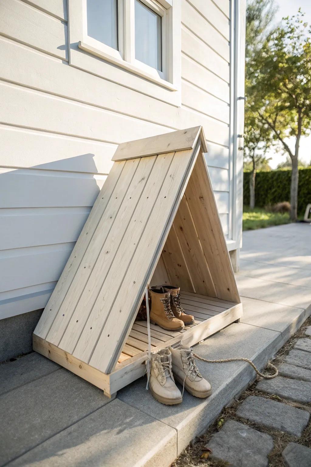 A tiny A-frame shoe shelter that keeps boots dry, airy, and beautifully minimal.
