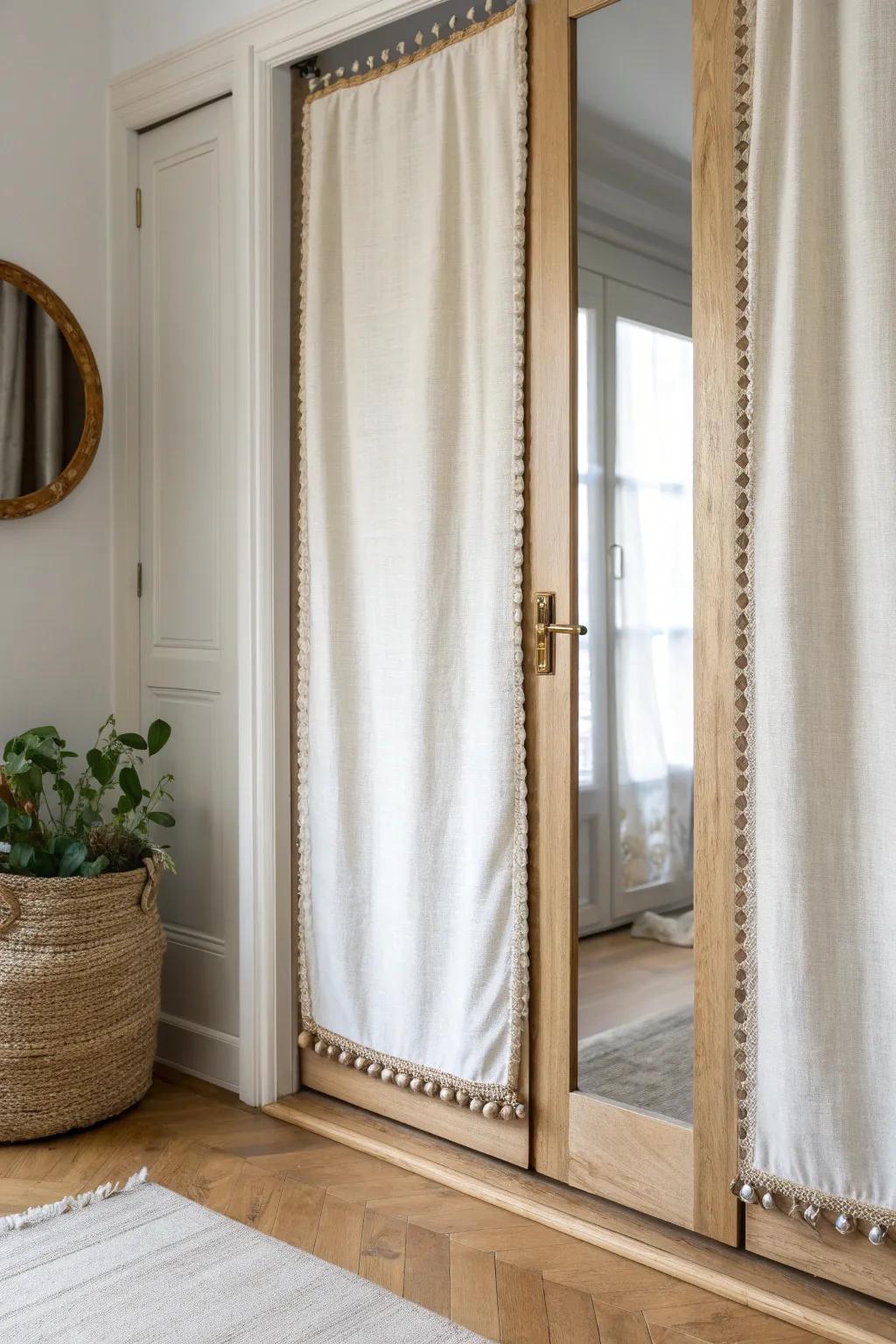 Removable linen fabric overlay panel to soften mirrored closet doors—renter-friendly and cozy.