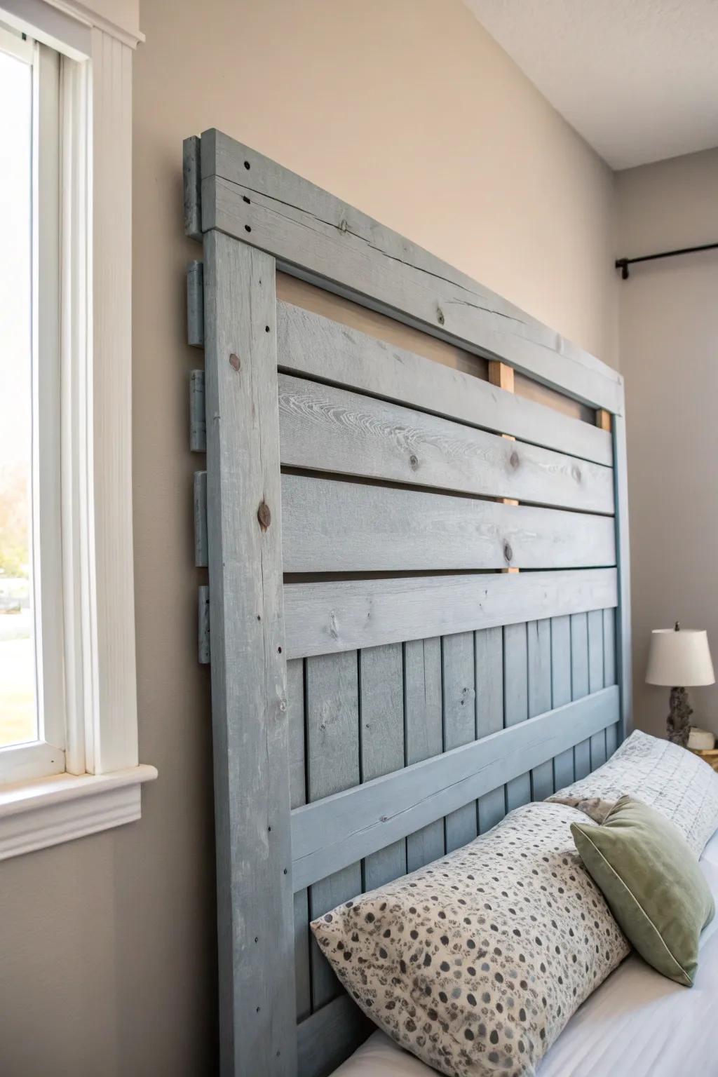 Transform your bedroom with a serene, handcrafted painted pallet headboard—where minimalist design meets natural elegance.