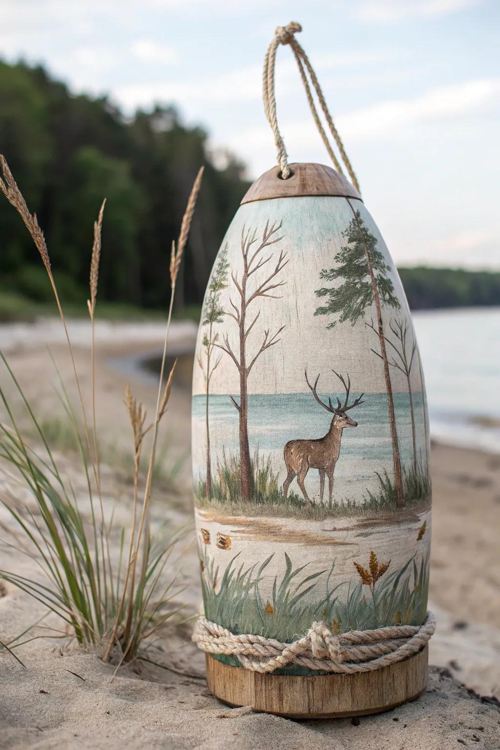 Bring a touch of the wild indoors with this beautifully painted buoy, capturing nature's serenity in minimalist elegance.