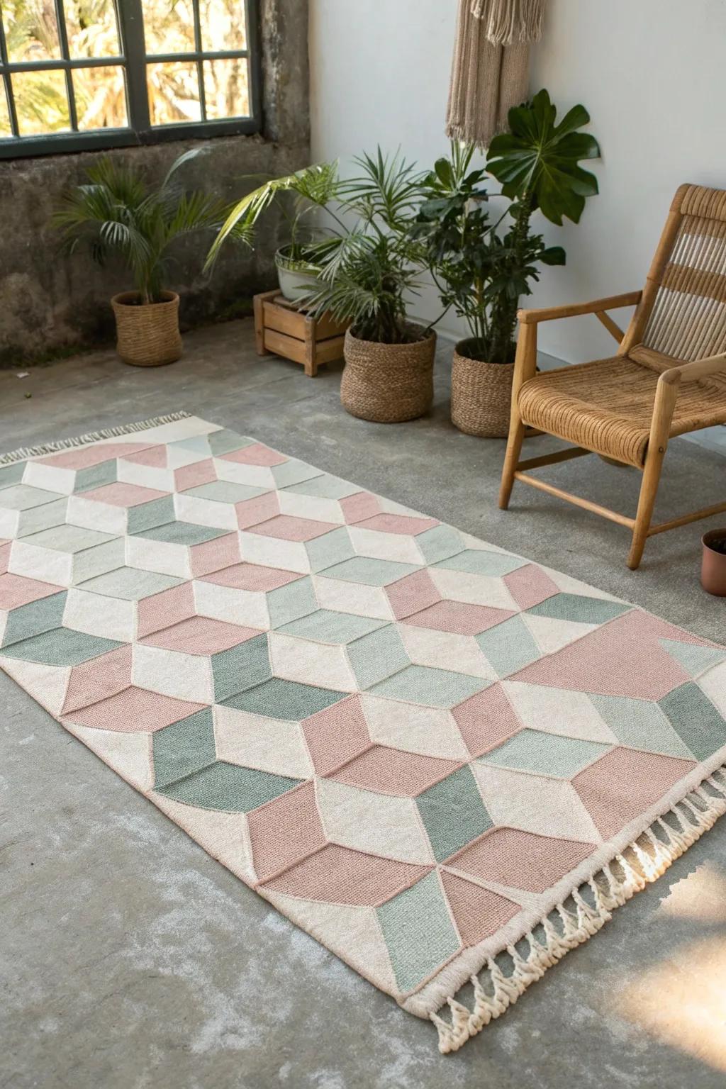 Step into a world of illusion with this stunning 3D painted rug design that captivates and enchants.
