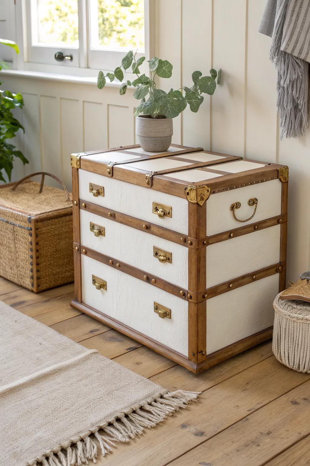 Trunk makeover: trompe l’oeil drawers for a dresser look—without losing the one-lid storage.