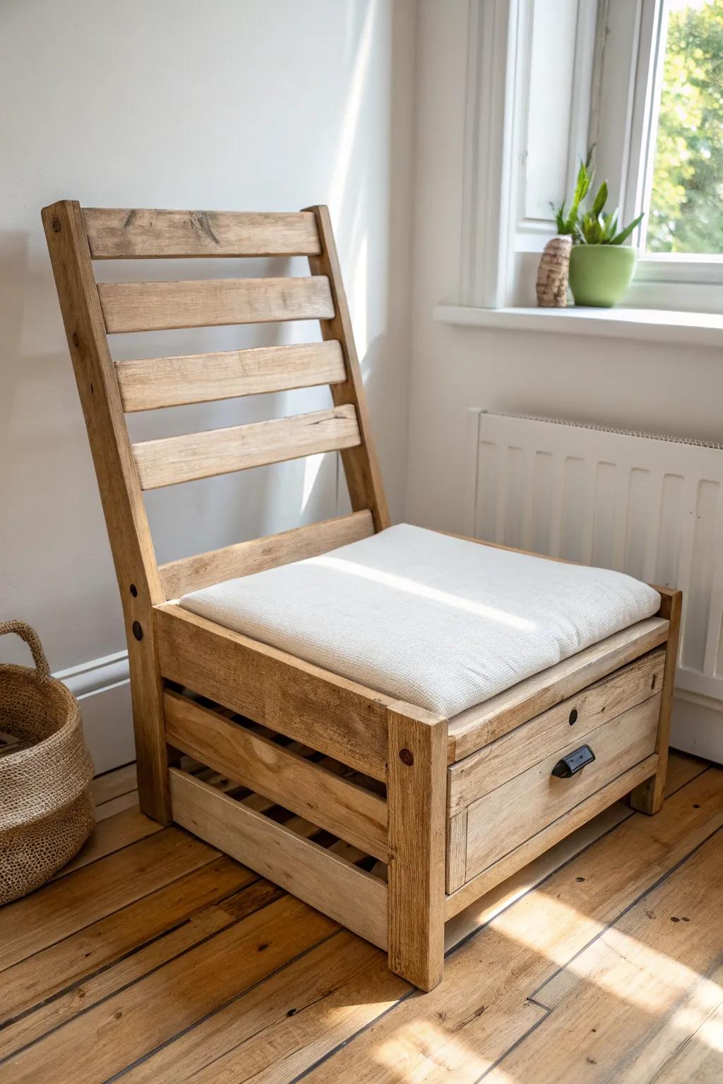 A minimalist pallet chair with a hidden pull-out footrest—lounge comfort without extra clutter.