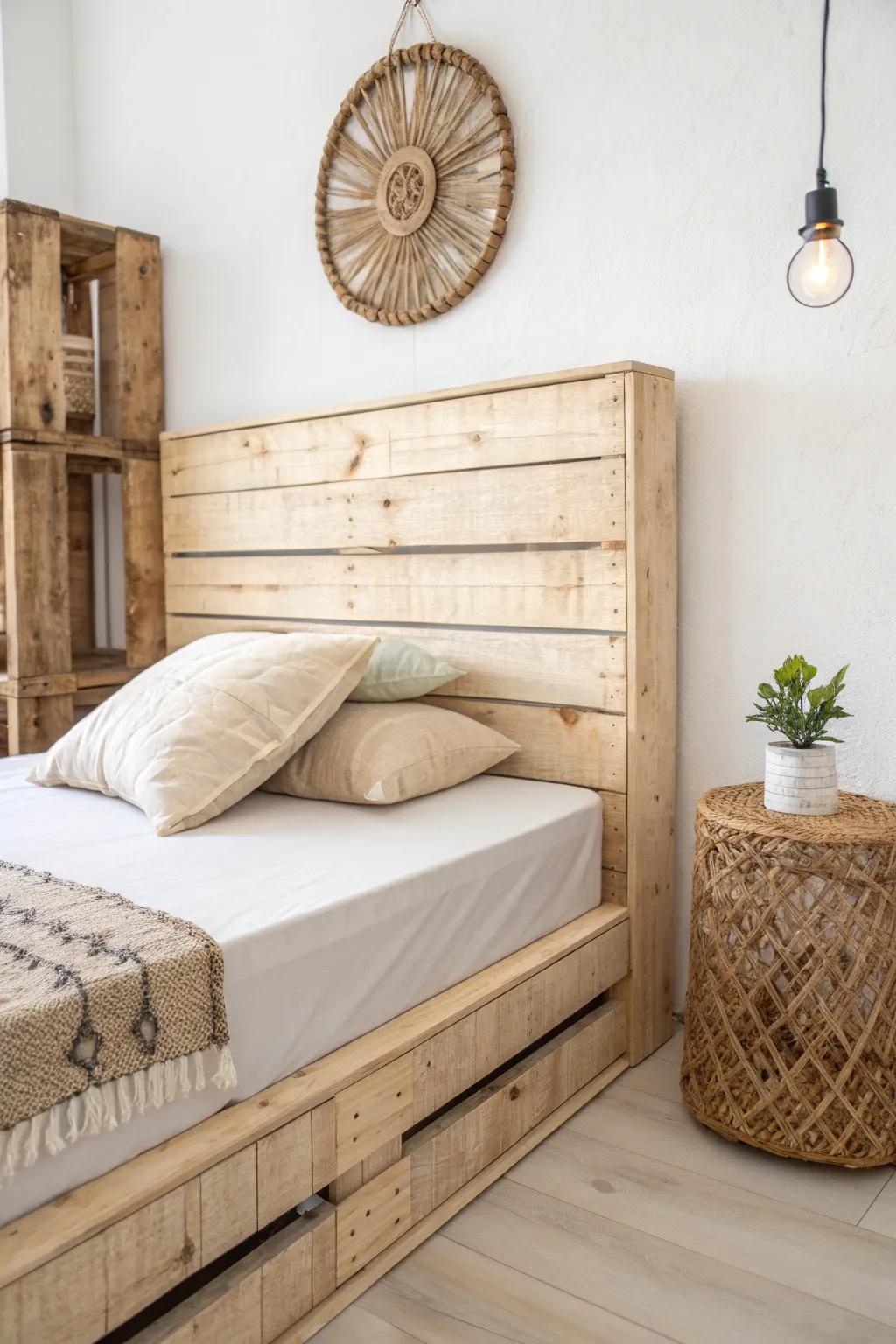 Corner-wrap pallet headboard that turns a studio bed into a chic, daybed-style lounge.