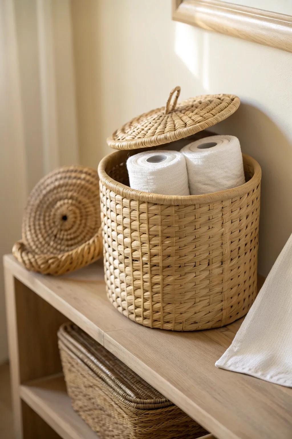 A lidded basket hides backup paper towels in the prettiest, calmest way for small shelves.