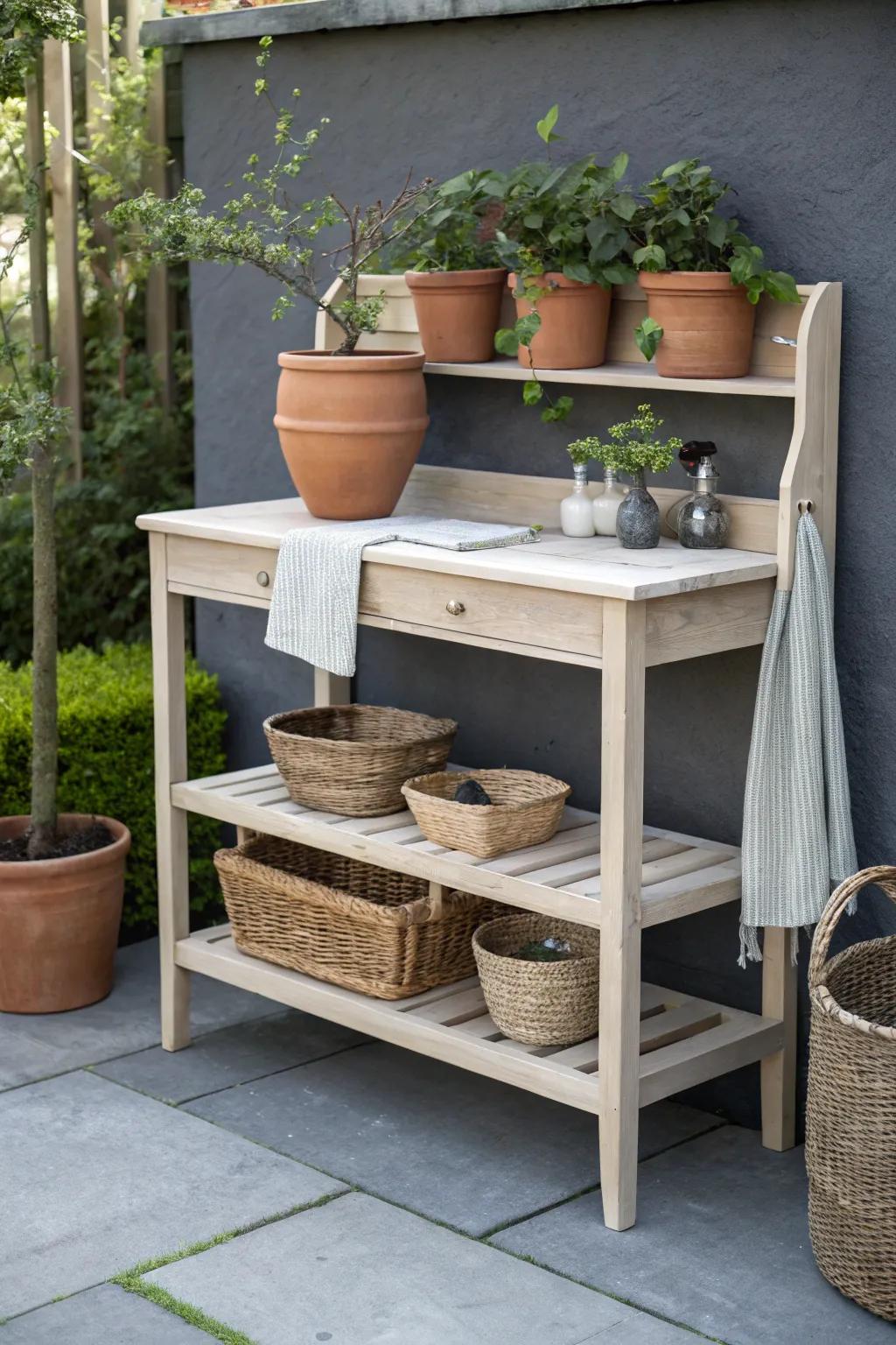 A slim potting bench with shelves: pretty, practical patio storage for tiny outdoor spaces.