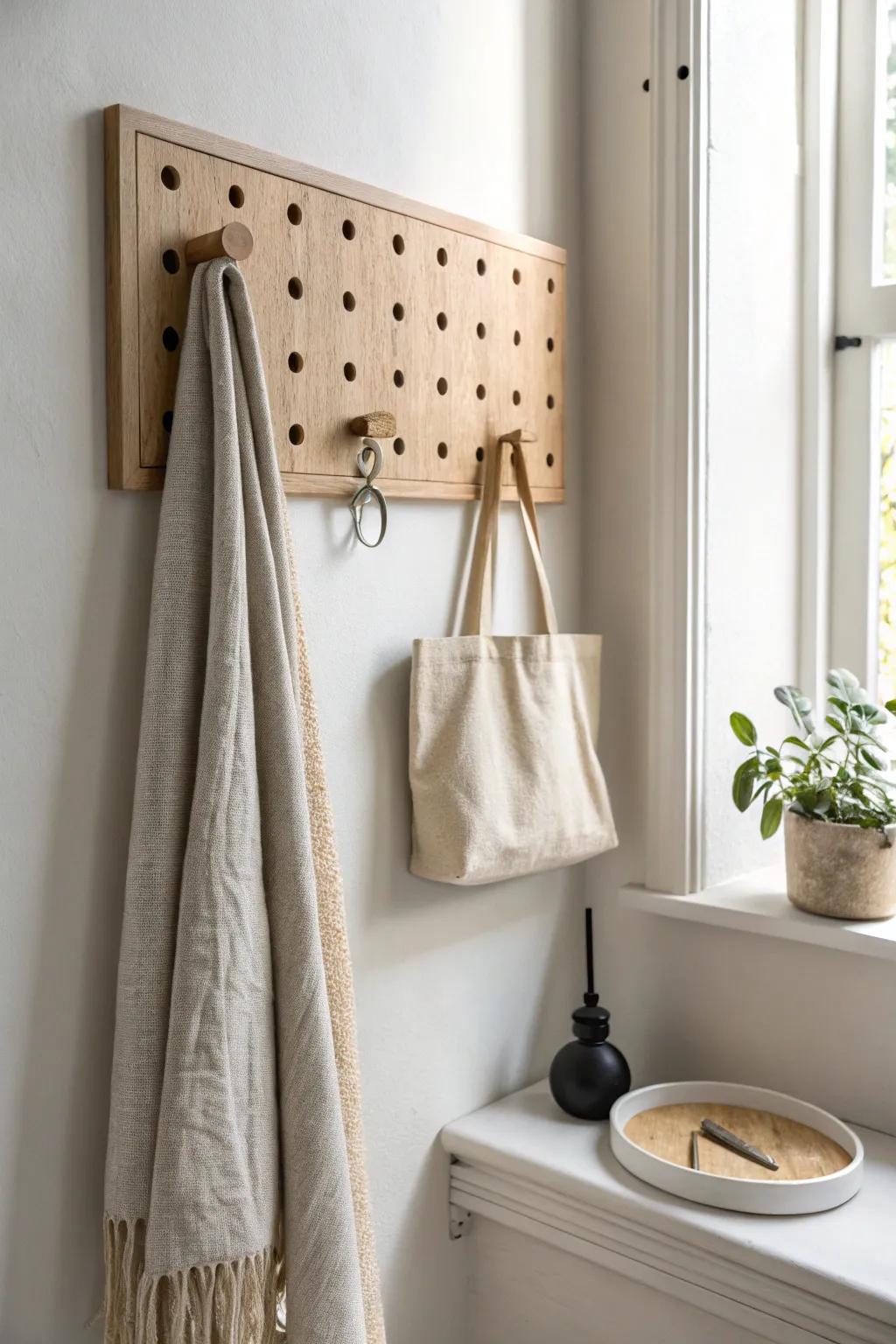 Light oak pegboard warmth—minimal, airy entryway storage that feels cozy, not cluttered.