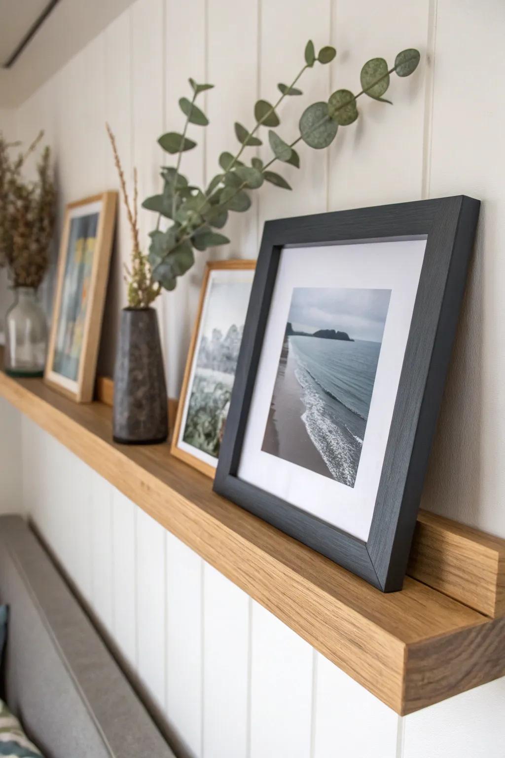 Paint the picture ledge to match the wall—frames pop and the shelf visually disappears.