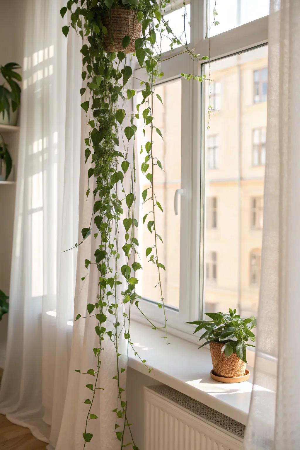 A living “curtain” of trailing vines for soft privacy and an airy greenhouse glow.