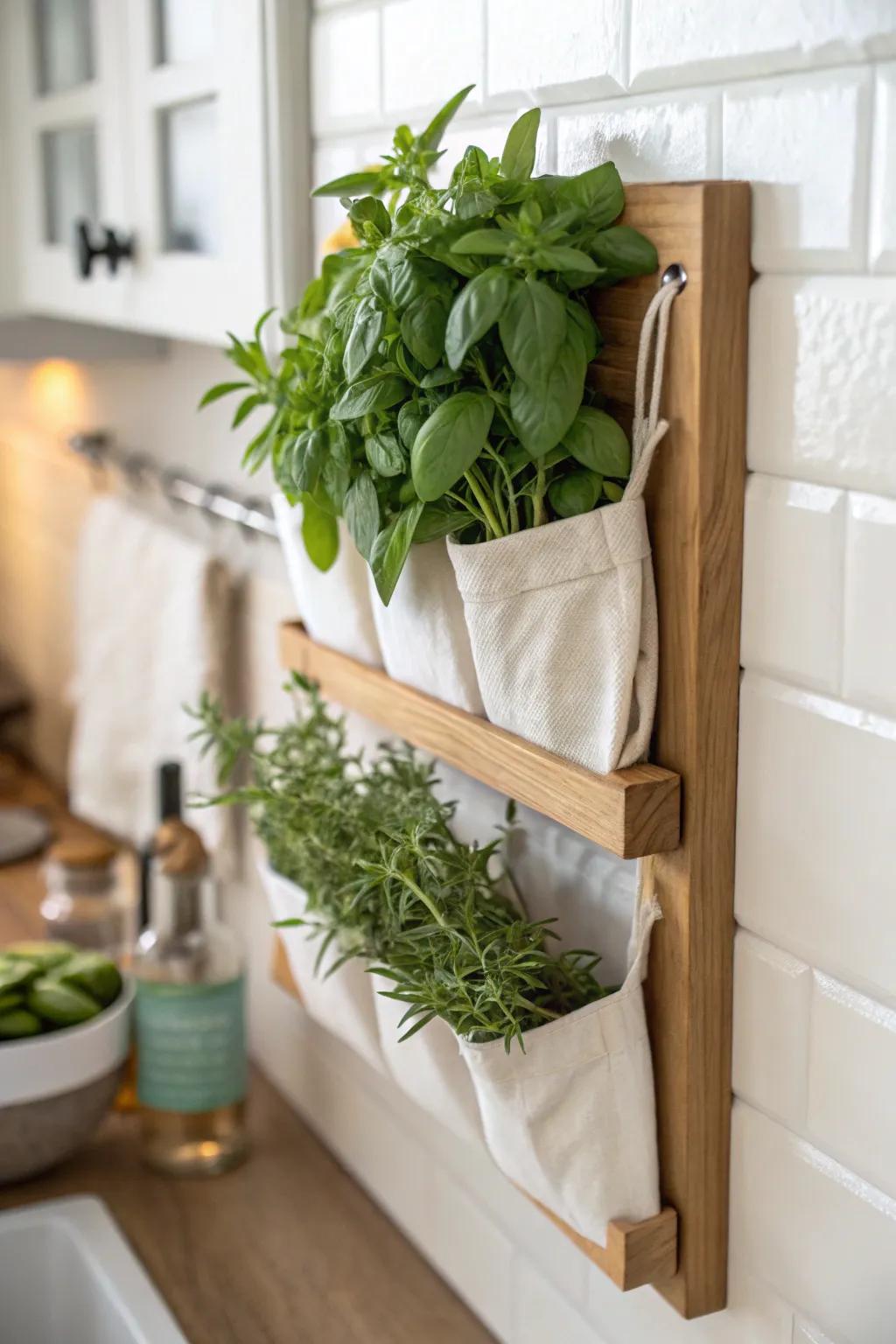 A wall-mounted herb pocket keeps a tiny kitchen styled—and your fresh snips within reach.