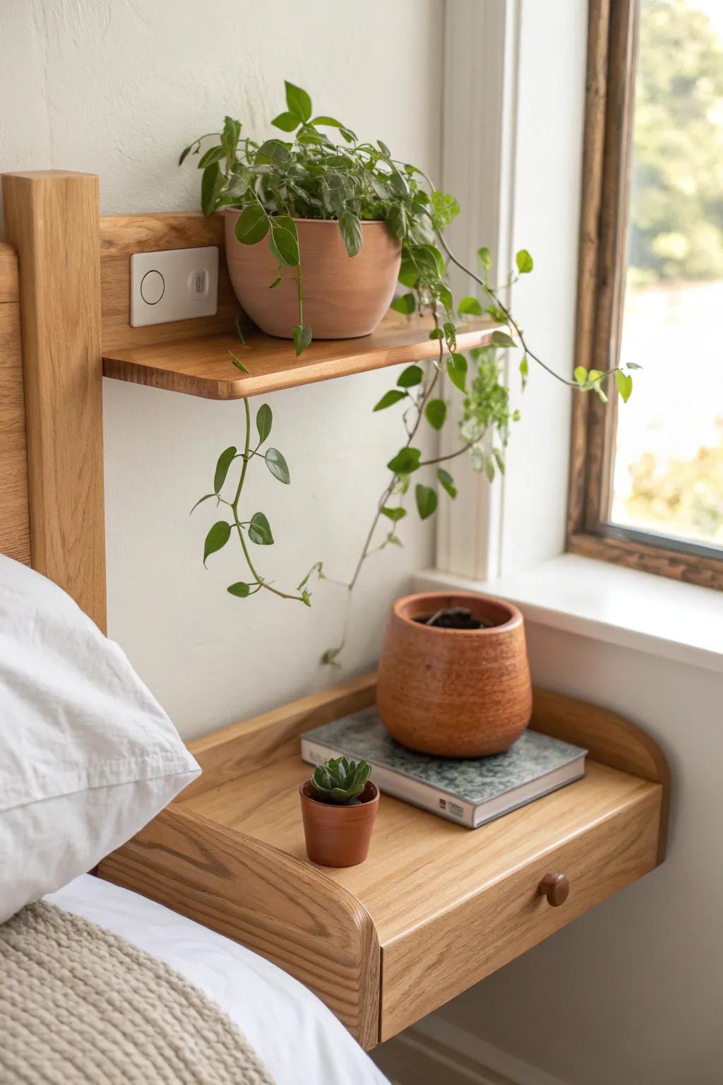 A space-saving bedside wall shelf with a trailing plant—minimal, warm, and calming.